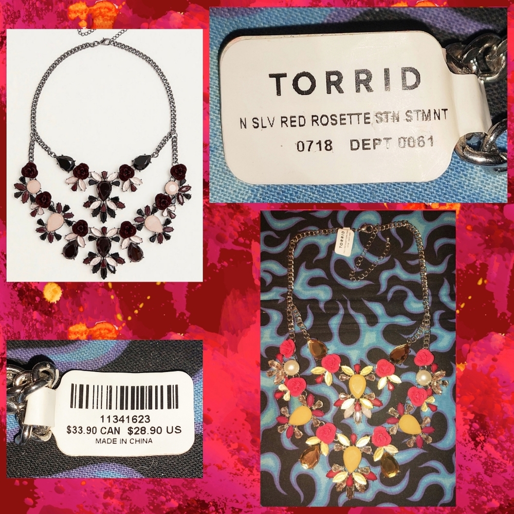 Torrid brand Silver/Multicolor Red Rosettes & Gemstones Statement Necklace 1 Sz
